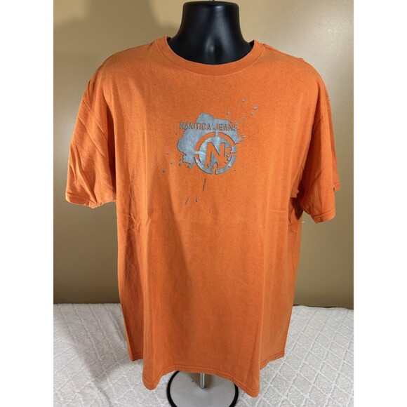 Vintage Nautica 90s Orange Nautica Jeans Splatter Graphic Logo Tee Men’s Size XL - Picture 1 of 13